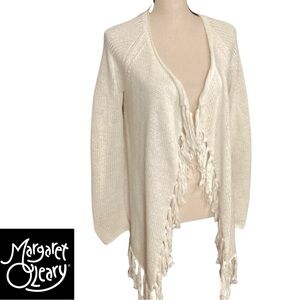 Margaret O’Leary White Knit Cardigan Fringe Boho Front‎ Artisan Sweater Large